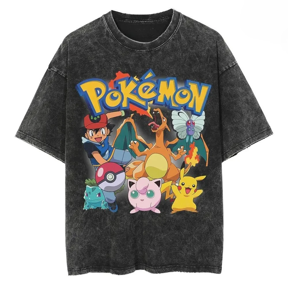

Pokemon Charizard Flare Gym Washed T Shirt Men 2026 Summer Vintage Oversized Tee Retro Kanto 1996 Game Streetwear Hip Hop