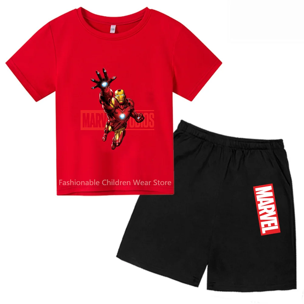 Trendy Marvel Avengers Q-Edition Iron Man Cartoon Print Kids' T-shirt and Shorts - Stylish & Cool for Summer Outings