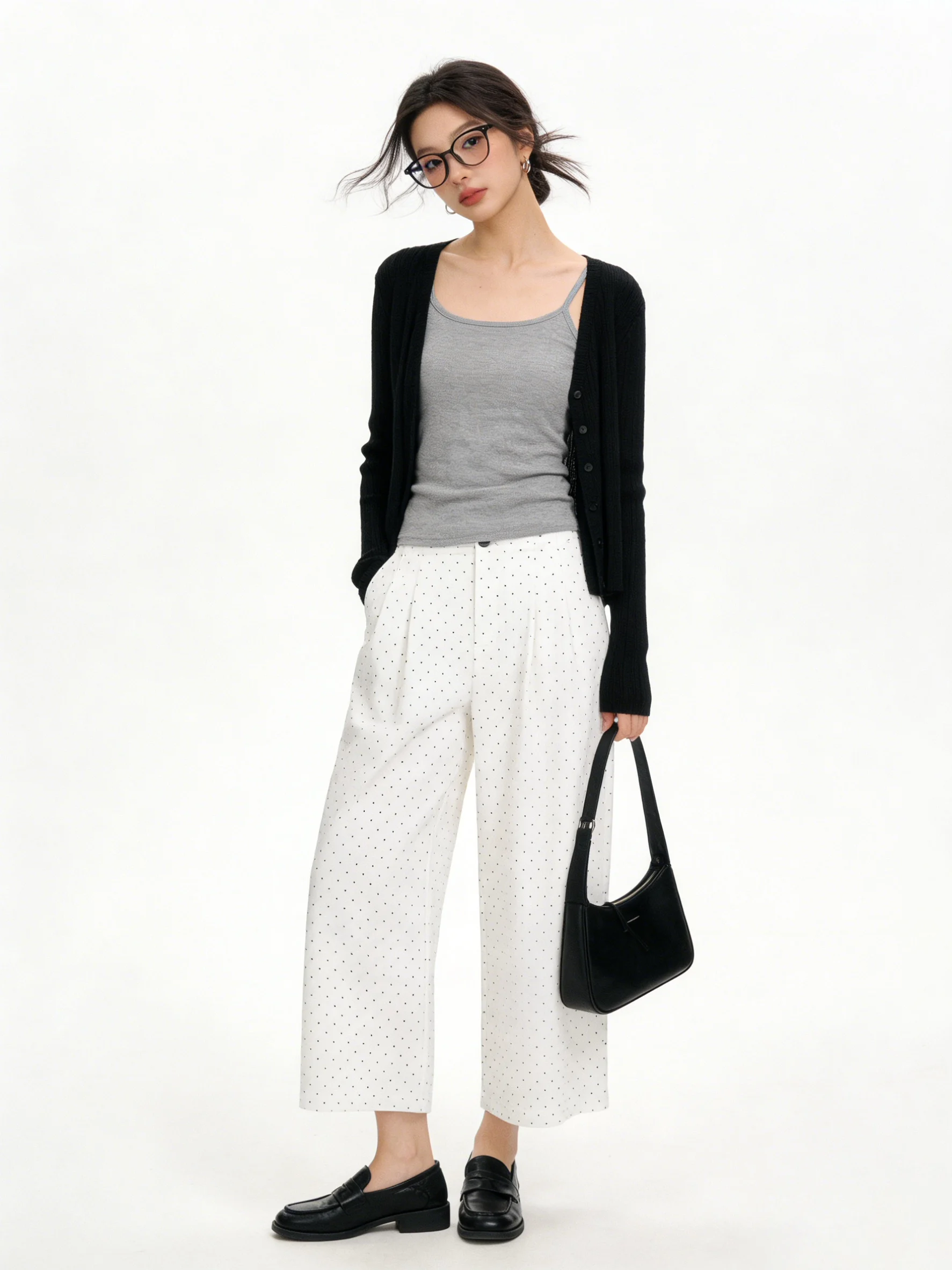 

White Polka Dot Print Elastic Wide Leg Loose Slimming Pants Summer Korean Simple High Waist Casual Trousers Breathable Ladies
