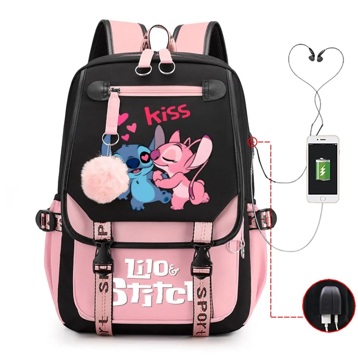 

Рюкзак Disney Lilo Stitch для женщин и девочек, сумка с USB-зарядкой, большая вместительная школьная сумка для ноутбука, милые сумки с мультяшной вышивкой