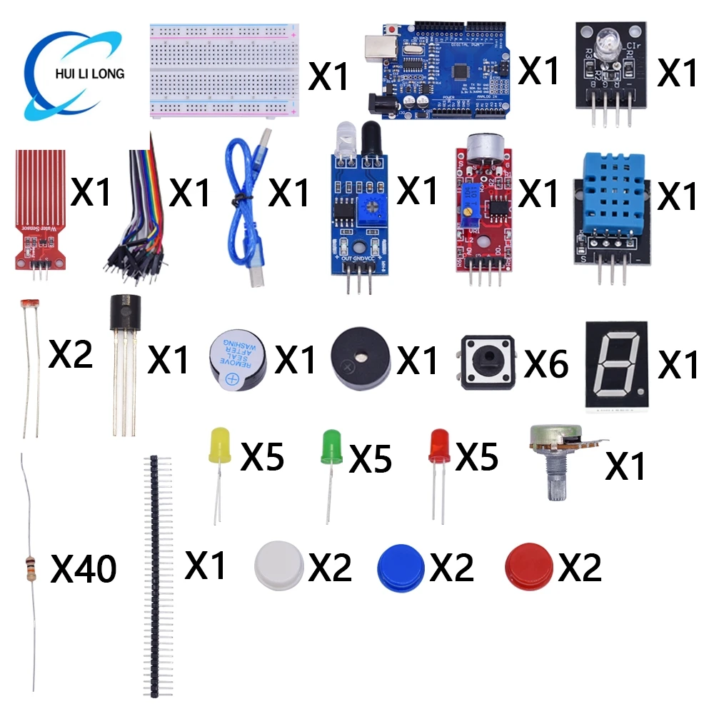 Starter Kit für Arduino Uno R3 Breadboard Basic, einfaches Lernset, Ton-/Wasserstand-/Feuchtigkeits-/Entfernungserkennung, LED-Steuerung