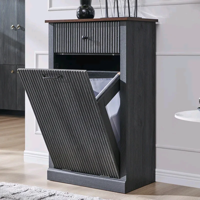 

！@Combohome Wood Tilt Out Laundry Hamper Cabinet with Drawer,Black