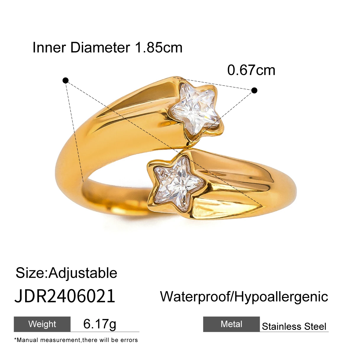 Jewelryposter Asymmetric Shiny Pentagram Zirconia Inlaid Open Ring Waterproof Stainless Steel Women Charming Statement Gala Gift