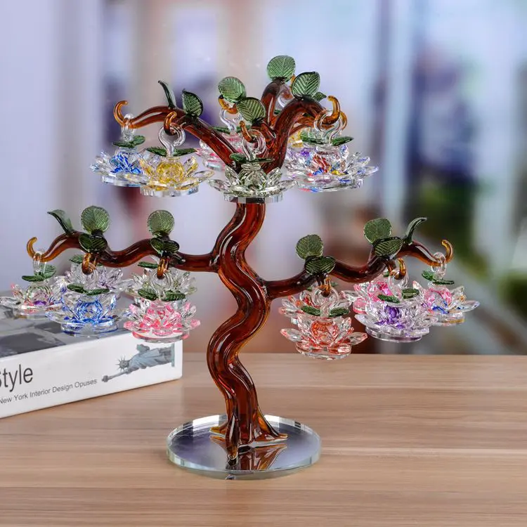 High-end Crystal Glass Lotus Tree with 6/8/10/12/18pcs Lotus Fengshui Craft Home Decor Figurines Christmas Gifts Souvenirs Decor
