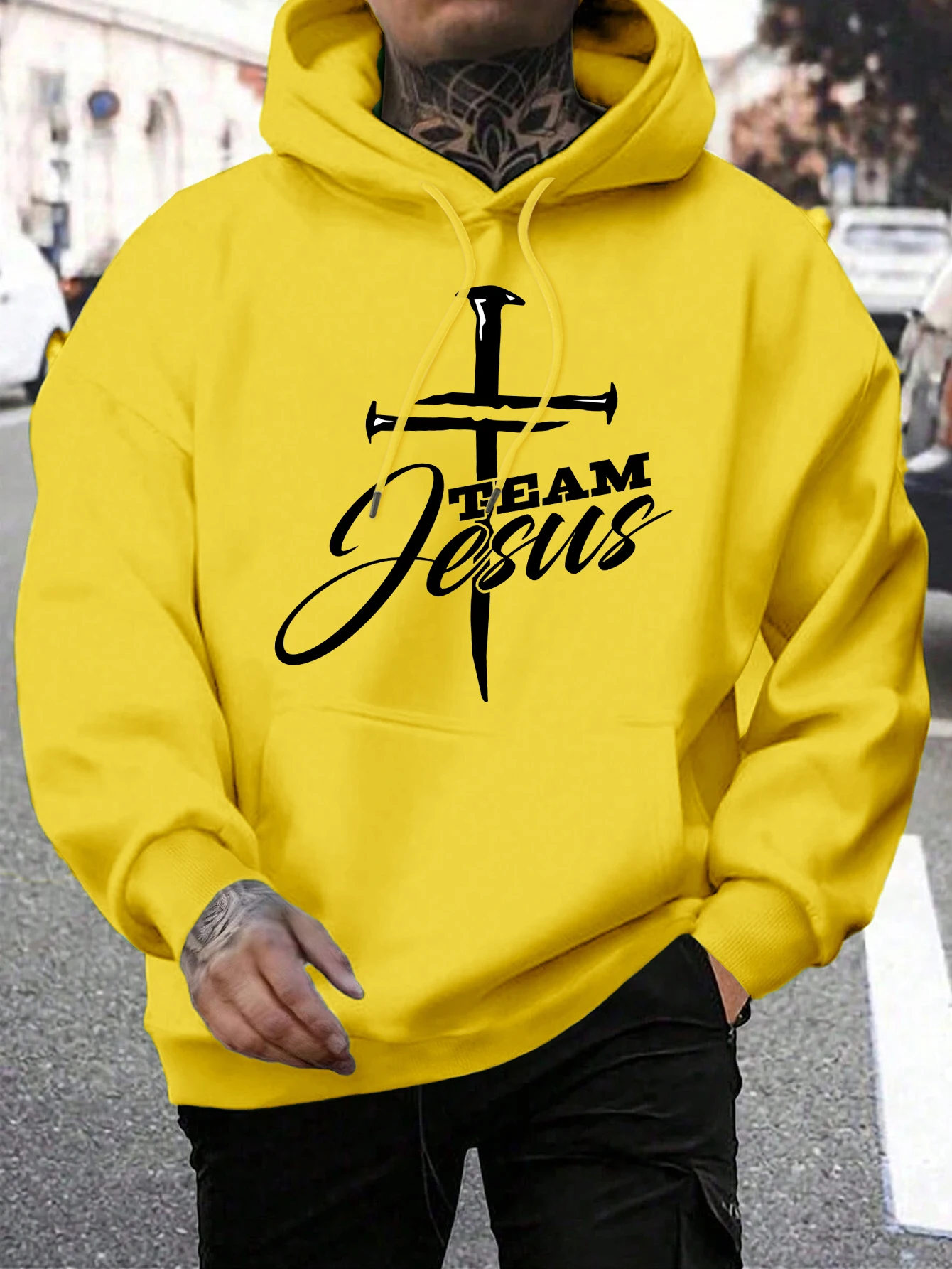 Team Jesus Letter Design Printing Men\'s Sweatshirt Fashion Warm Hooded Casual Pocket Hoodies Autumn Big Size Streetwear