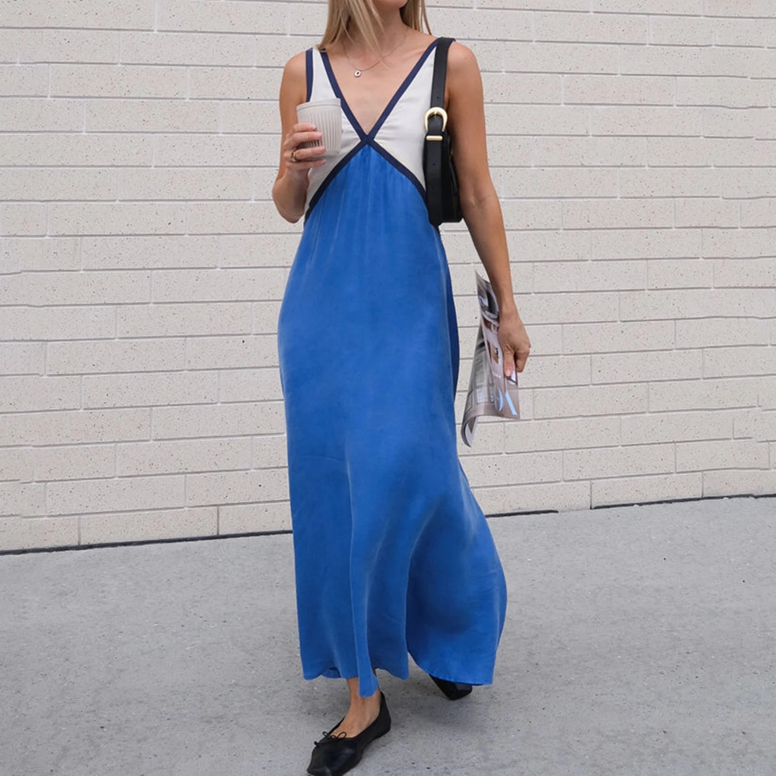 

Women Long Dress Sleeveless V-neck Contrast Color Swing Dress Summer Cocktail Dress