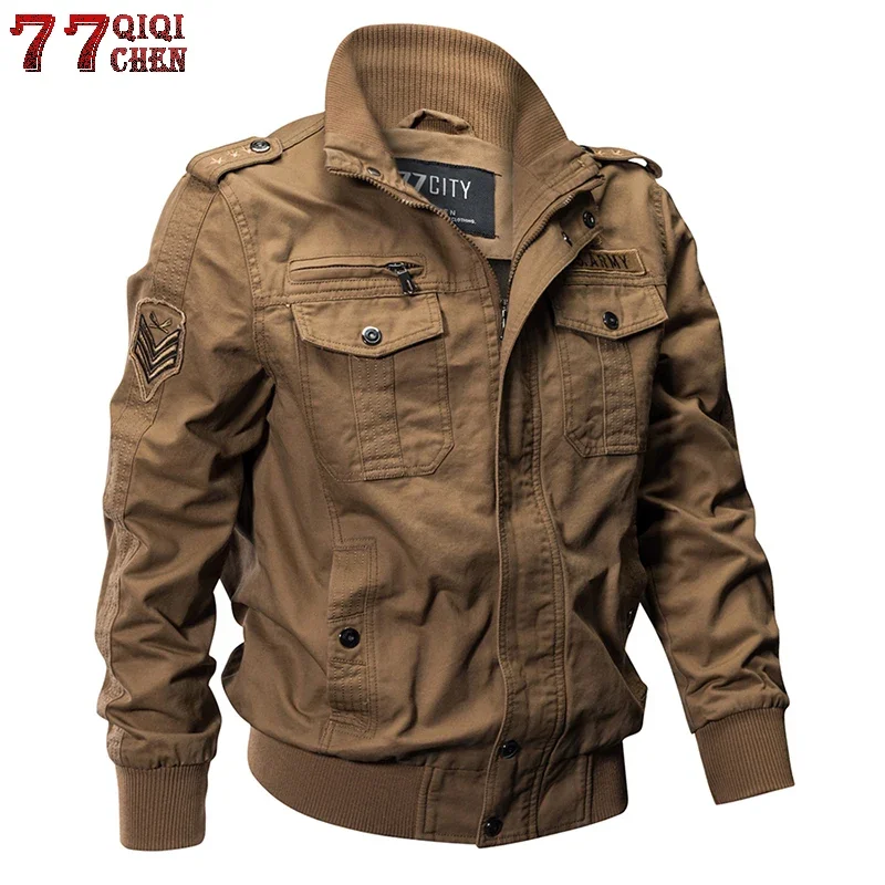 Mens 100% Cotton Jackets Plus Size 5XL Spring Autumn Multi-pocket Military Bomber Jacket Male Casual Air Force Flight Coat Male