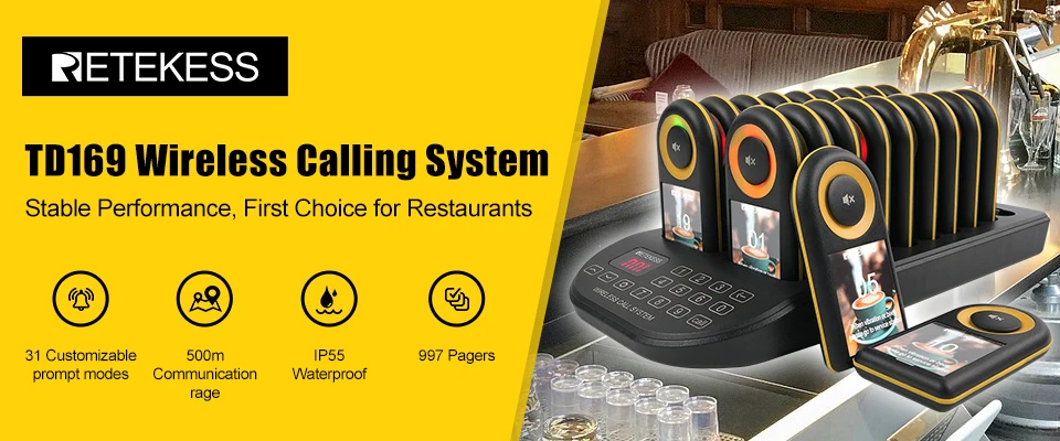 RETEKESS TD169 Drahtloses Restaurant-Pager-System, Vibrationsglocke, wasserdichter Vibrator, Coaster-Buzzer mit großer Reichweite für Food Truck und Café – Detail 1