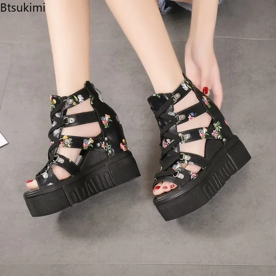 New 2026 Women's Summer High-heeled Sandals Thick-bottomed Wedge Hollow Fish Mouth Roman Style Gladiator Zipper Platform Sandals
