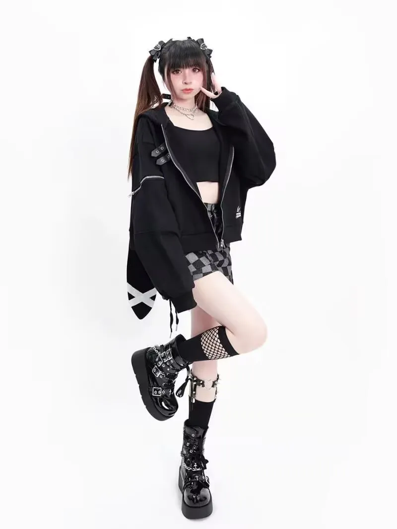 

Oversized Short Loose Rabbit Ear Hoodie Black Gothic Zipper Coat Y2k Women Jacket Spring Autumn Clothes Women