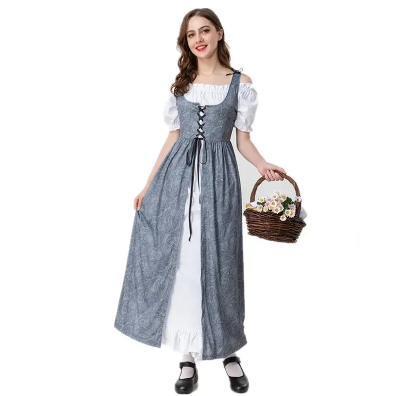 

Halloween Cosplay Costume Medieval Renaissance French Manor Farm Maid Apparel Vintage Long Dress Oktoberfest Beer Wench Dirndl