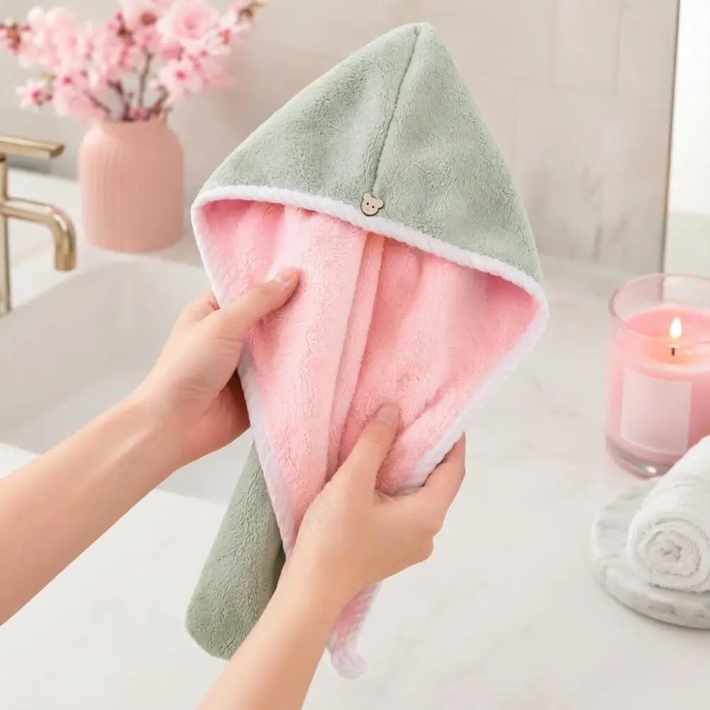 Soft Hair Towel Super Absorbent Hair Drying Towels with Button Quick Drying Microfiber Hair Wraps for Women Double-layer Coral