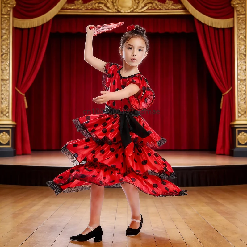 

Mädchen Spanish Flamenco Dance Dress For enfant Ballroom Waltz Dancing Fly Sleeves Polka Dot Layered Ruffled Skirt with Belt Set