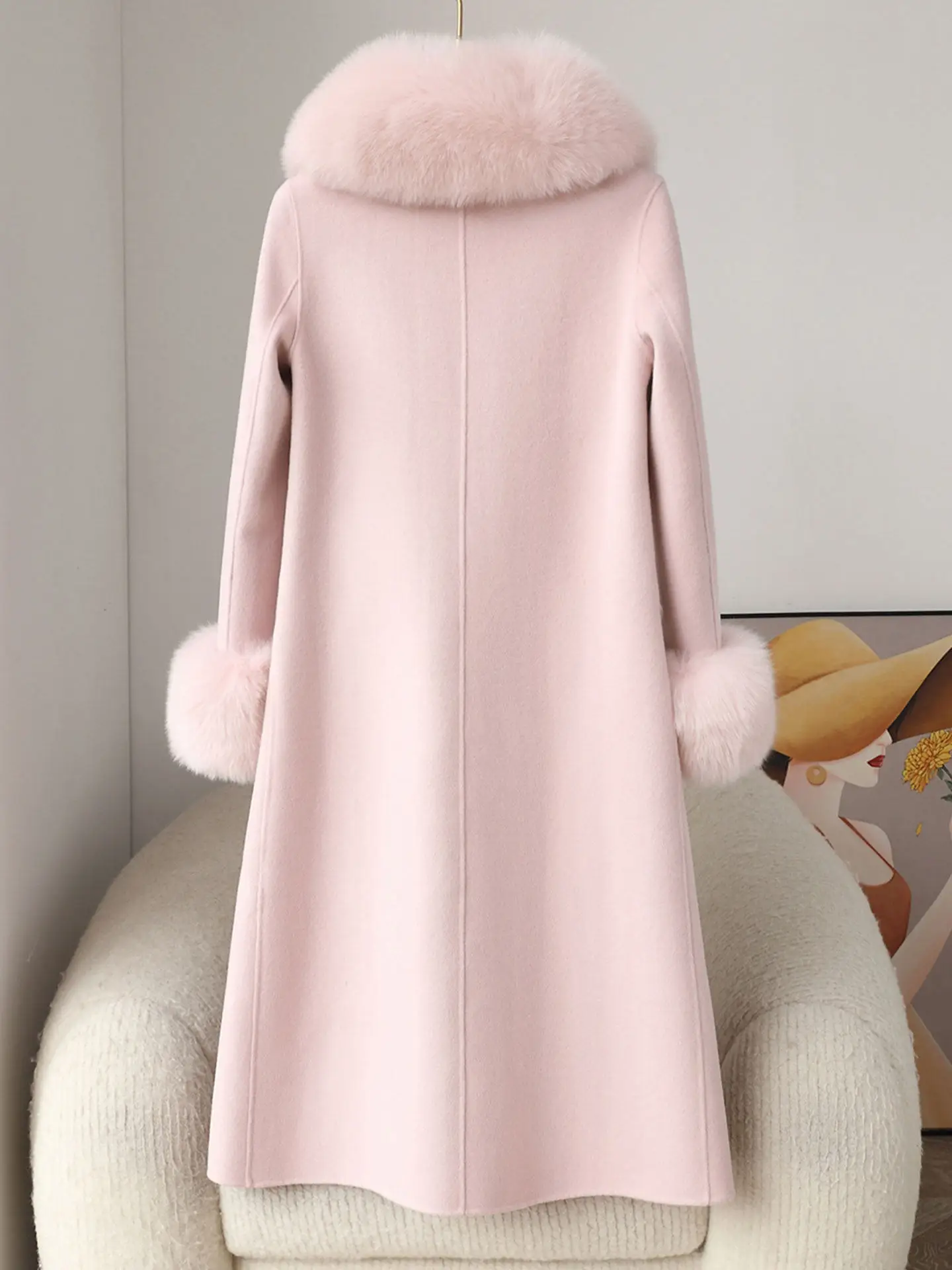 Fox fur collar wool woolen coat mid-length 2025 autumn/winter new Korean double-sided cashmere coat for women