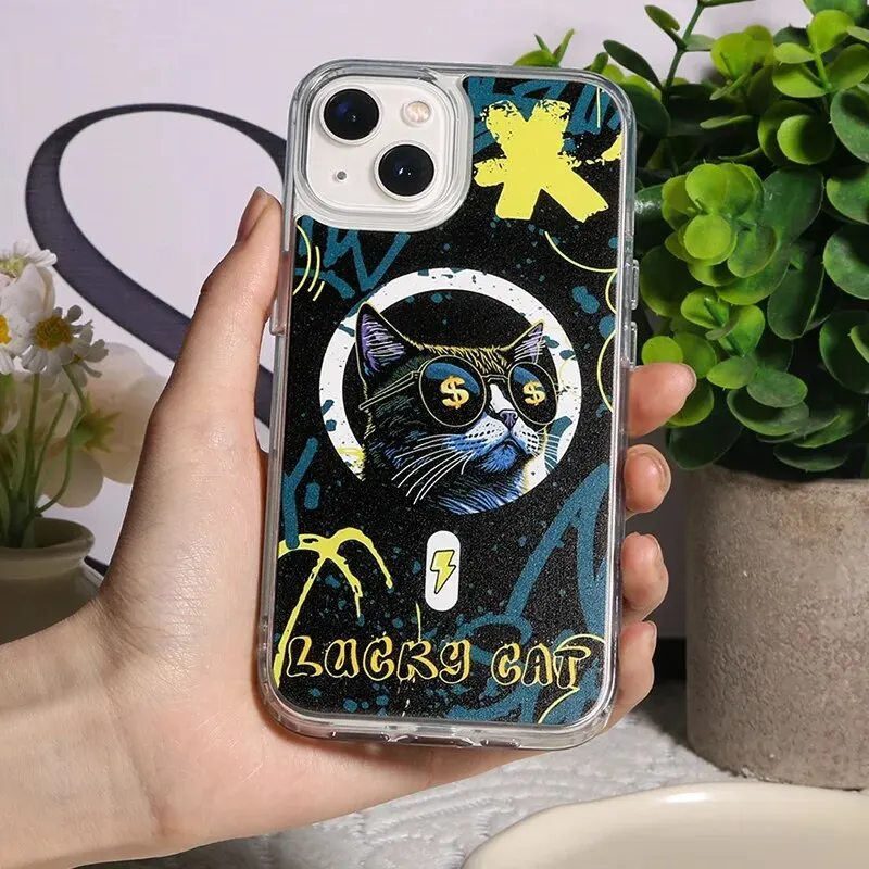 Lucky Cat Magnetic Wireless Charger iPhone Case for iPhone 13 14 15 Pro Max Plus Cartoon Print Shockproof Silicone Border Cover