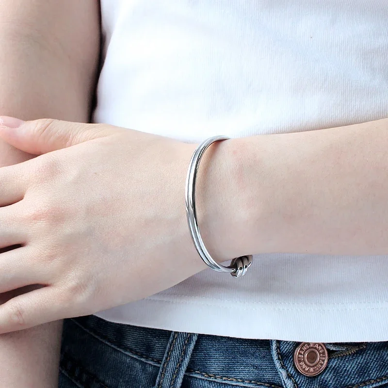 Unisex Twisted Knot Ends Open Cuff Bangle High Polished Stainless Steel Bracelet Modern Chic Daily Wear Jewelry