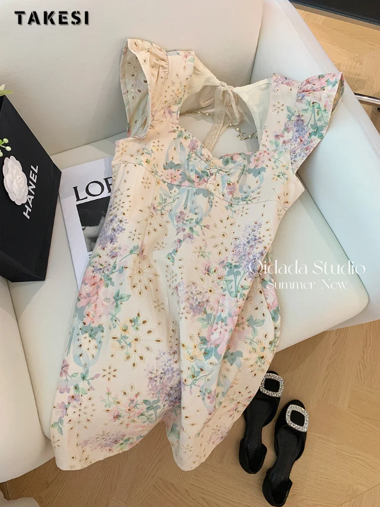 2023 Summer Vintage Short Sleeve Floral Embroidery Square Collar Midi Dress Women Elegant Chiffon A-Line High Waist Beach Dress