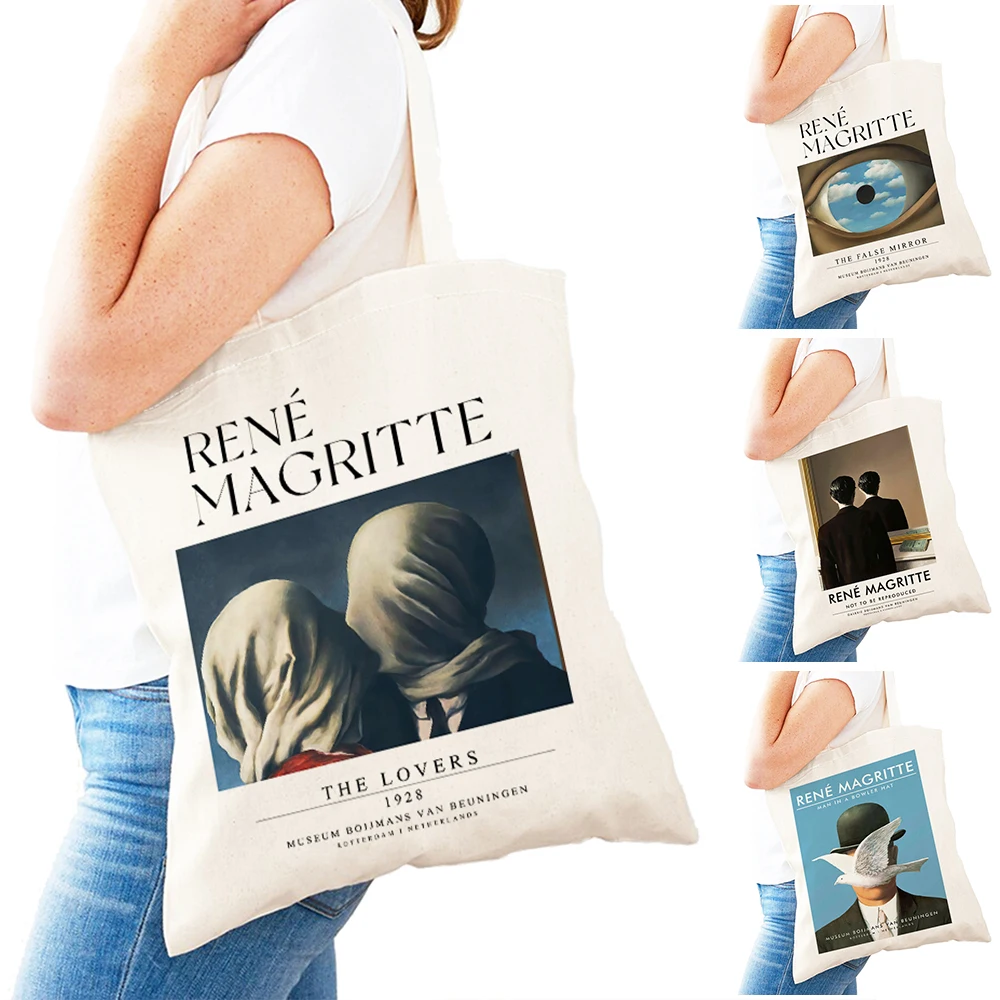 Rene Magritte Women Shopping Bags Double Print Casual Lady Shopper Bag Reusable Canvas Girl Travel Shoulder Tote Handbag