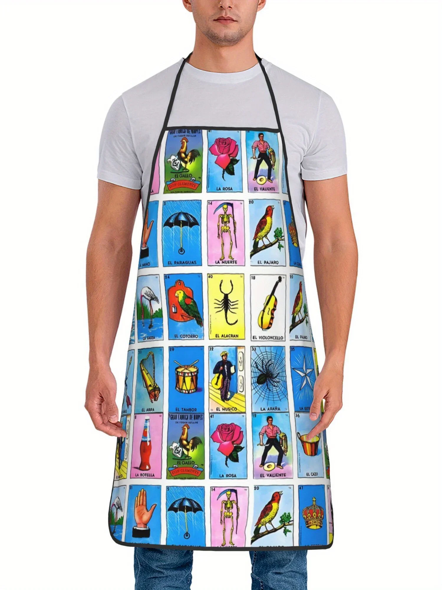 Vibrant Mexican Lottery Bingo Print Apron - Adjustable, Unisex, Colorful Design with Traditional Mexican Symbols