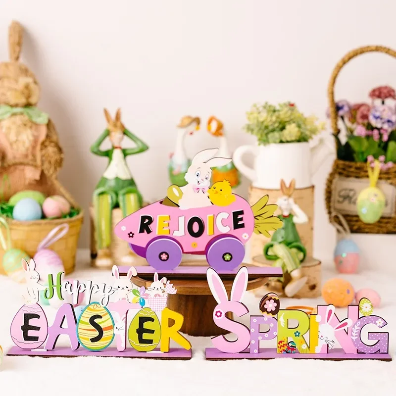 Easter Wooden Desktop Ornaments Spring Rabbit Egg Chick Carrot Car Bunny Wood Craft Happy Easter Party Decor Kids Favors Gifts