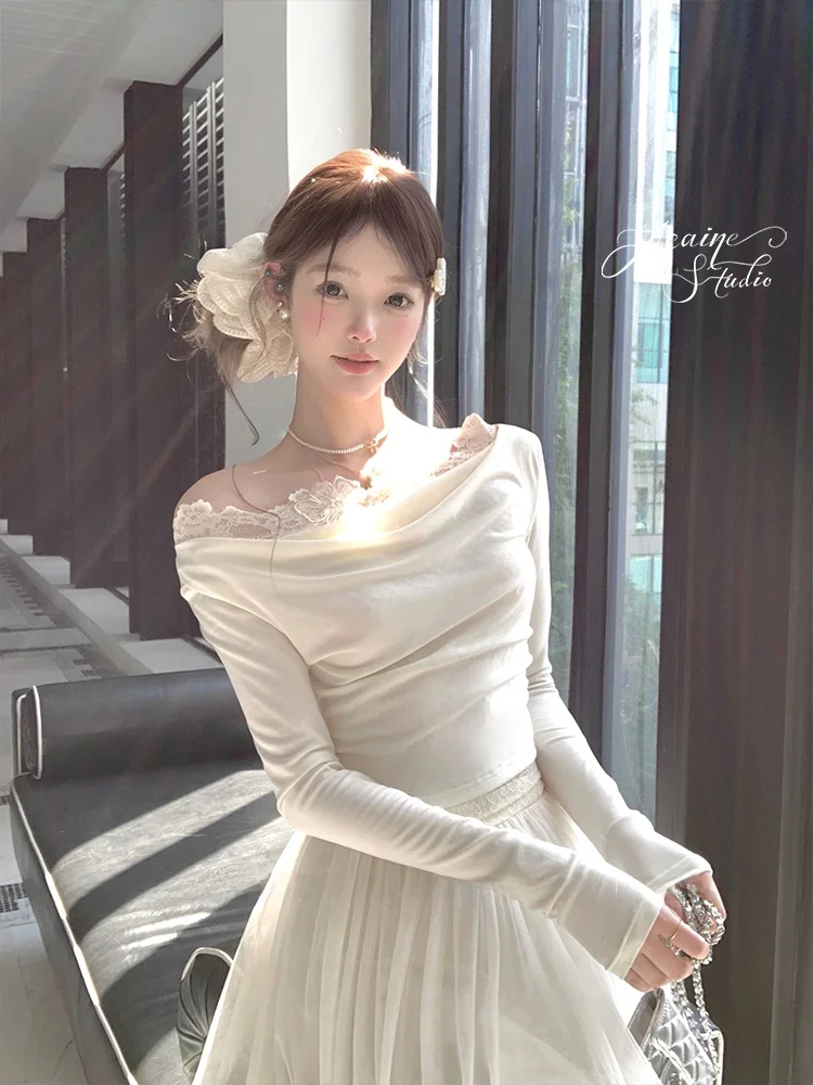 

Женская приталенная футболка Acaine с длинным рукавом, однотонная, из шелковой основы, весенняя, вязаная, в нежном стиле, топ