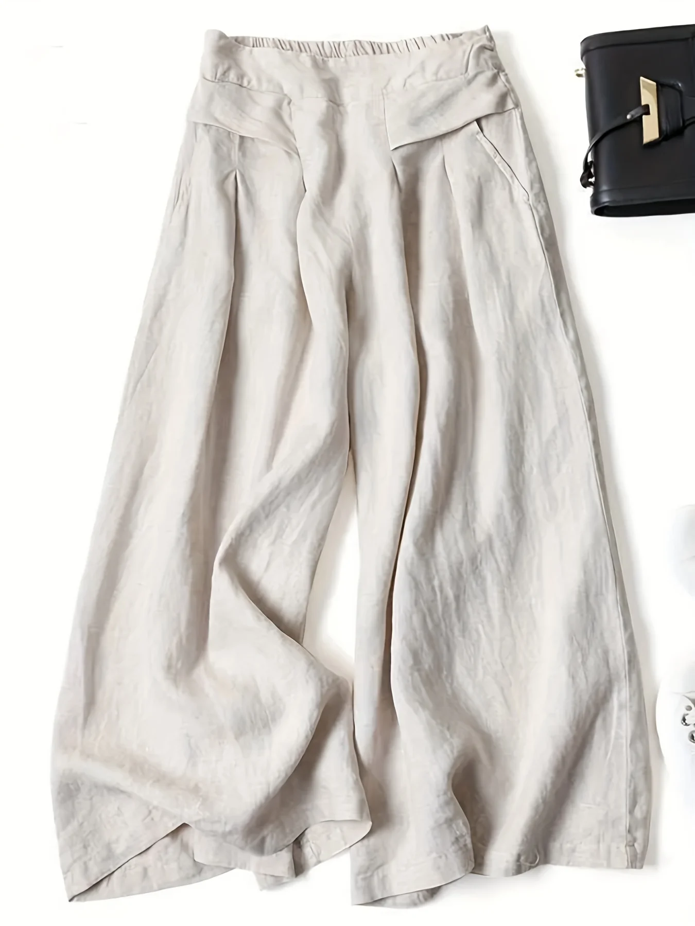 Women's Retro Linen-Blend Wide Leg Cropped Pants - Breathable,Elastic Waistband, Lightweight &Comfortable for Spring/Summer/Fall