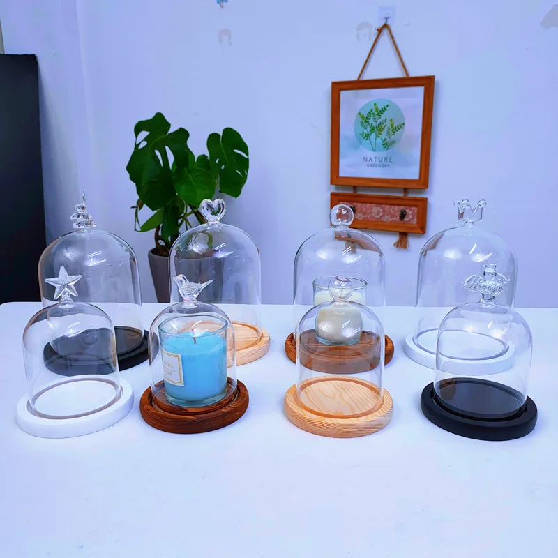 Aromatherapy Candle Holder Ornaments Dust-proof Glass Cover Wooden Base Aromatherapy Candle Cover Display Box Home Decoration