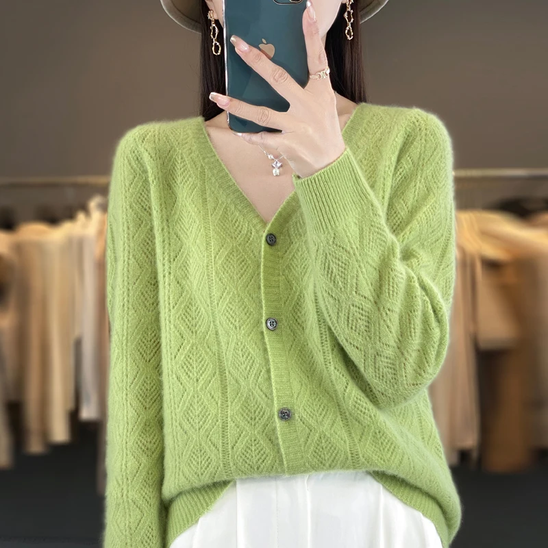 Women\'s V-Neck Spring and Autumn 100% Wool Cashmere Cardigan Women\'s Knit Sweater Super Soft Loose Large Size Long Sleeve Shirt