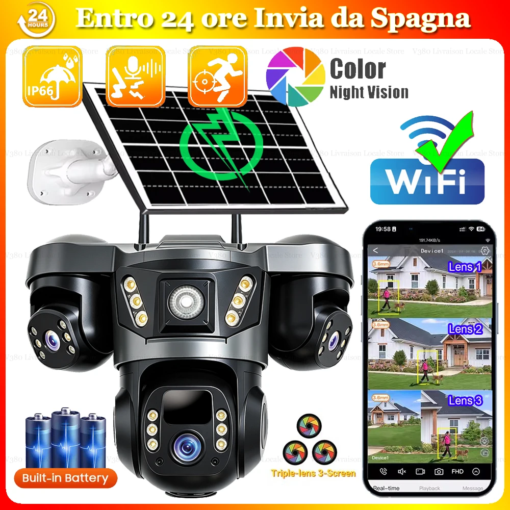 Telecamera Solare WiFi con 3 Lenti e 3 Angoli di Monitoraggio, Protezione di Sicurezza per Esterni Smart Home, Visione Notturna HD, PTZ, Alimentazione Solare, Allarme con Notifica Push, Telecamere IP