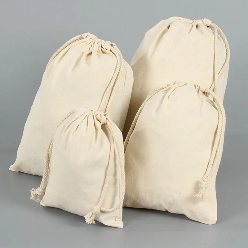 Custom Logo Jewelry Pouch Eco Friendly Natural Cotton Drawstring Gift Bags Necklace Lipstick Watch Bead Container Packaging Bags