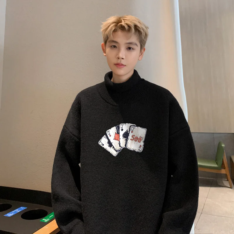 メンズ特大セーター秋白 5XL ニットセータータートルネックポーカープリントカジュアルウェア男性ニットプルオーバー男性服