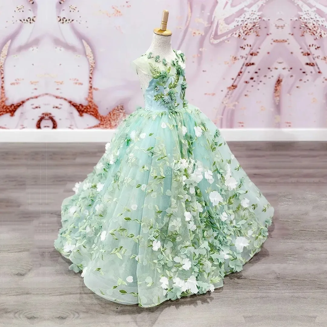 

Green Flower Girl Dresses for Wedding 3D Floral Appliques Girl Gown for Photoshoot Sequins First Communion Gowns Customized