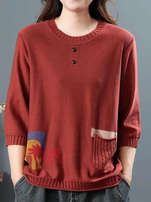 Casual Versatile round Neck Knitted Top Women's Fashionable Loose Outerwear Base Layer Trendy Ethnic Style Spring Autumn