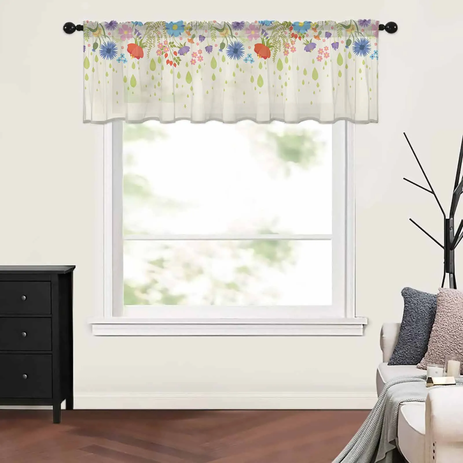 Flowers Leaves Raindrops Kitchen Curtains Tulle Short Sheer Curtain Bedroom Living Room Home Decor Voile Drapes