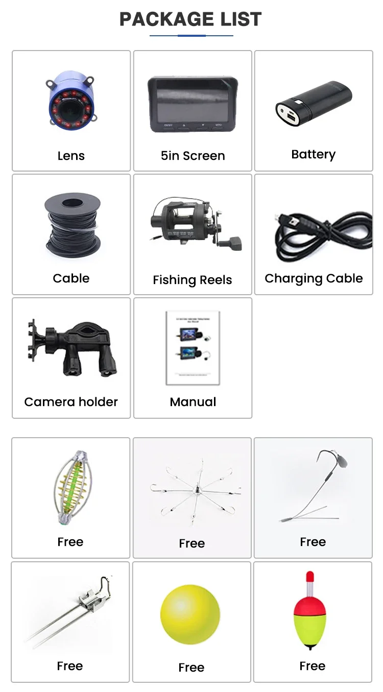 

5" 195 Degree Wide Angle HD Pond Underwater Fishing Video Camera With Cable With 3.6m 4.5m Rod Fishing Reel