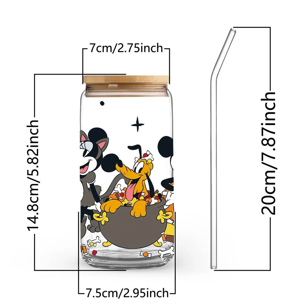 1pc 16oz Disney Mickey Minnie Donald Halloween Costumes Glass Tumbler with Lid & Straw Reusable Drinkware for Home Office Party