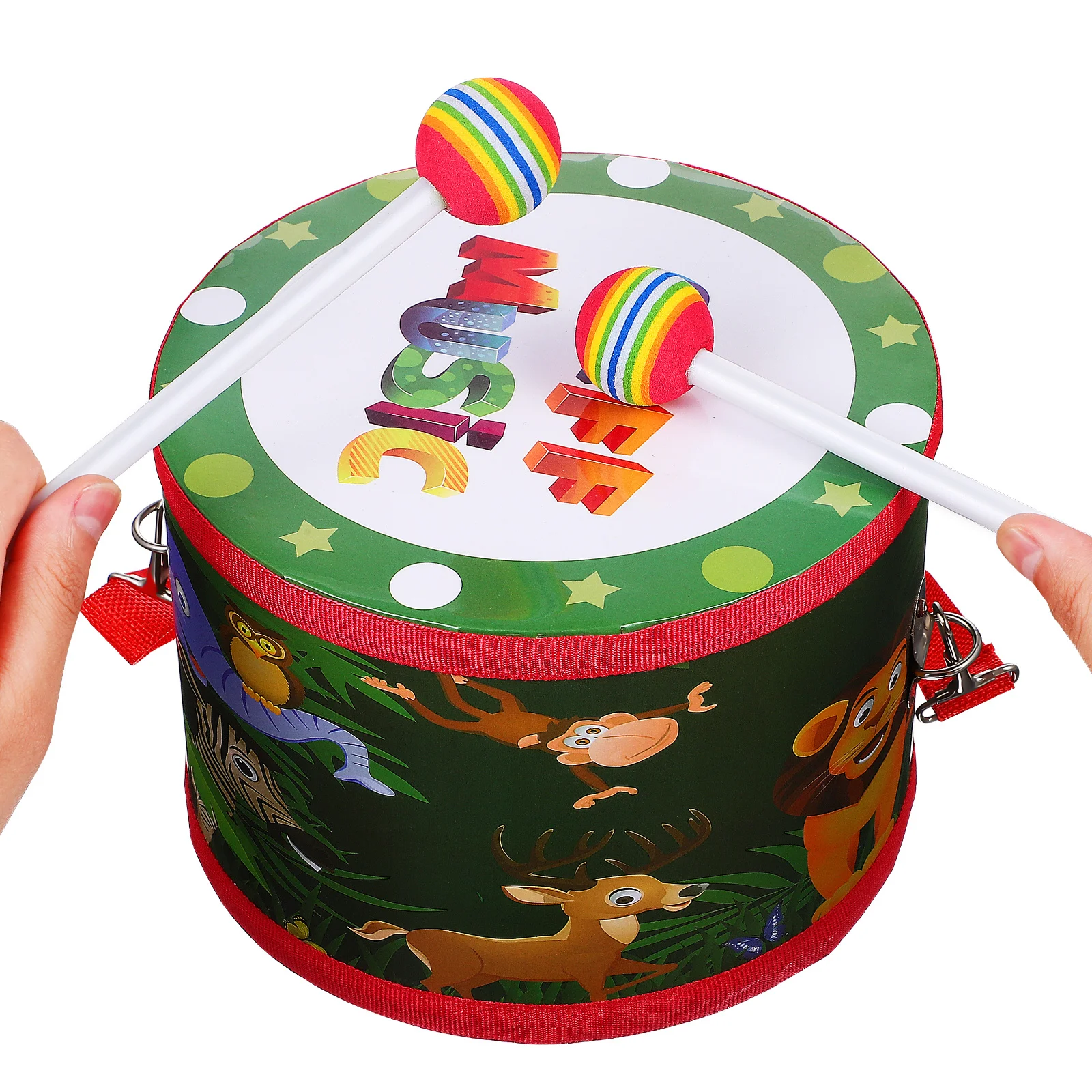 Kleinkind-Trommel, bunt, doppelseitig, Cartoon-Design, Riemen, praktisches hängendes pädagogisches Musikinstrument für Kinder