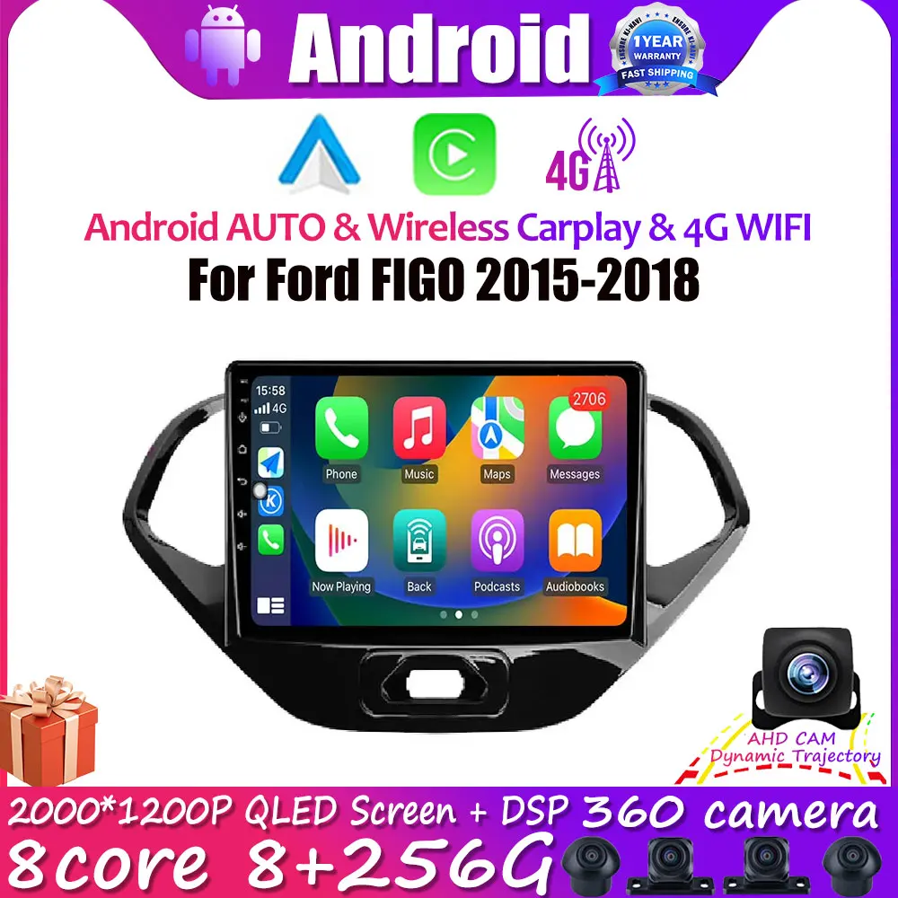 

9" Car Radio For Ford FIGO 2015-2018 Android14 GPS Navigation Auto Multimedia Player Wireless Carplay Rear Camera 360 WIFI BT 4G