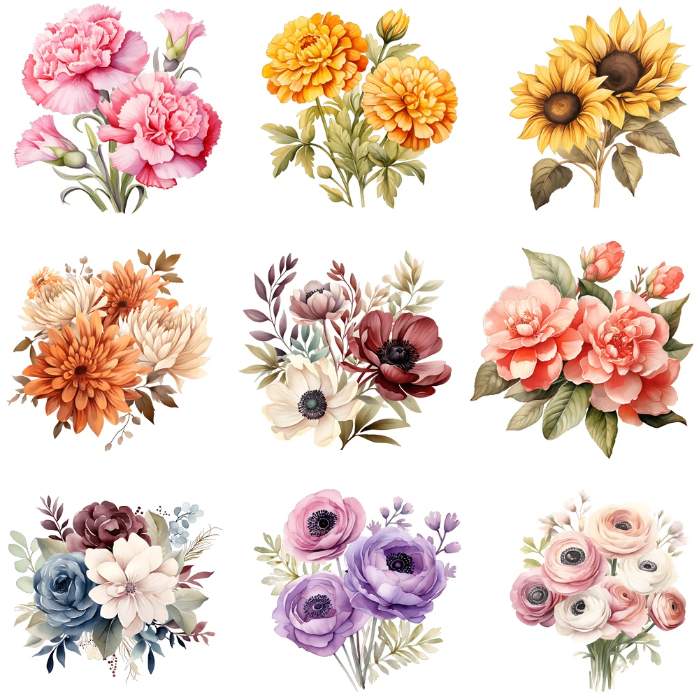 15cm niños clavel Dalia ramo de flores hierro en pegatina de transferencia de calor DTF hierro en parches de transferencia para niños calcomanía de ropa