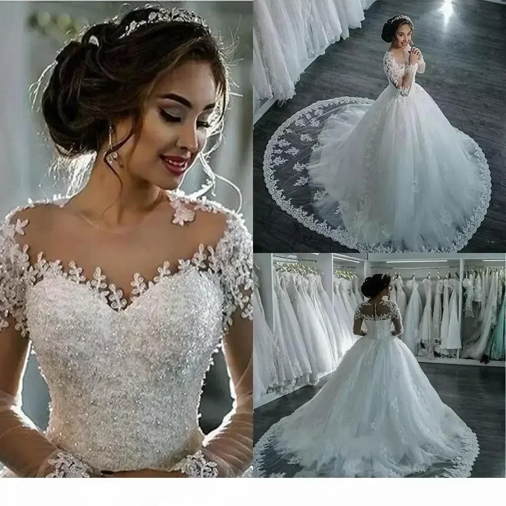 Customized Elegant Long Sleeves A-line Wedding Dresses Sheer Crew Neck Lace Appliques Cheap Vestios De Novia Bridal Gowns