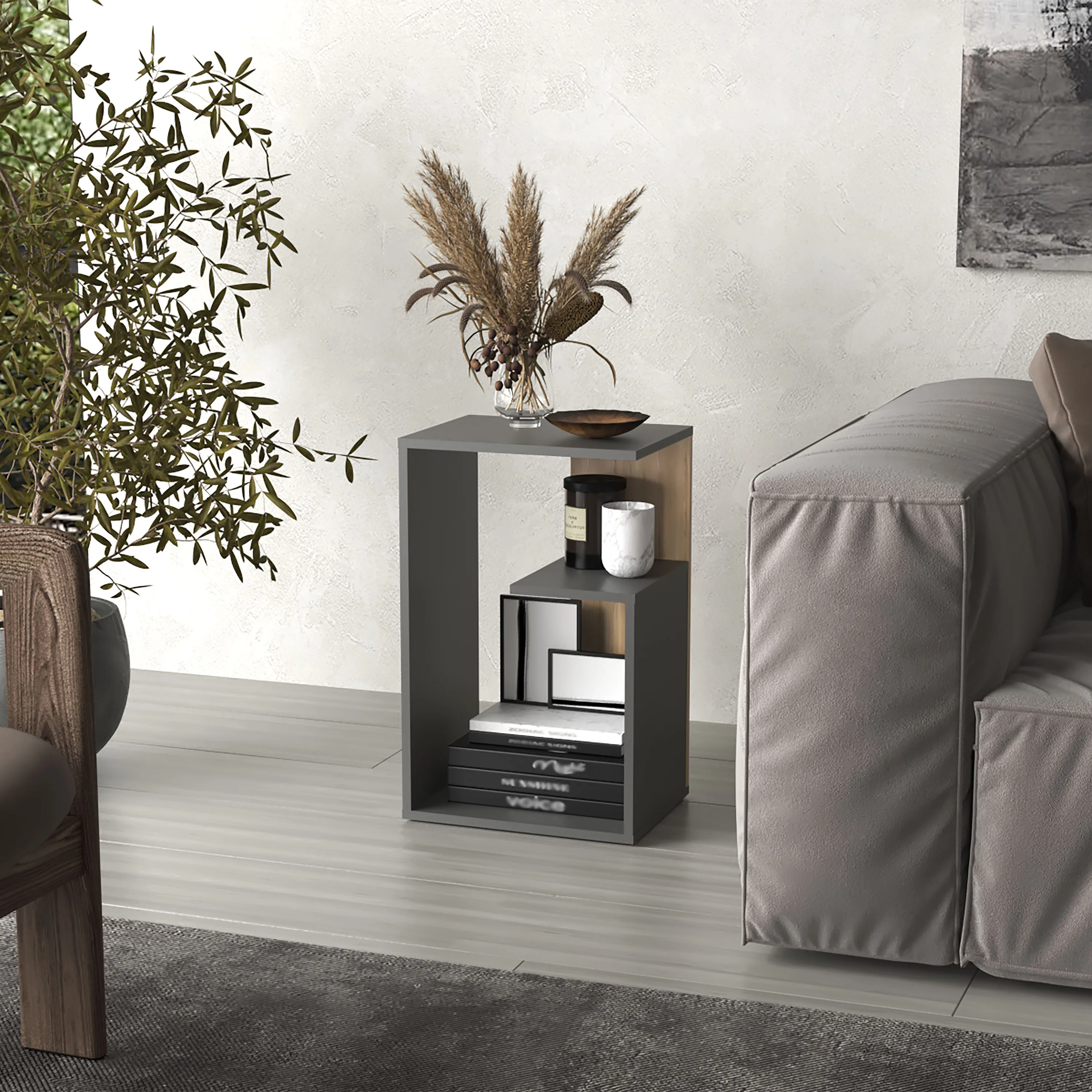 تصميم Everet مقاس 25 بوصة متعدد الوظائف، طاولة جانبية ذات أرفف عالية من 3 طبقات، إطار فولاذي موفر للمساحة لغرفة النوم وغرفة المعيشة والمكتب #5