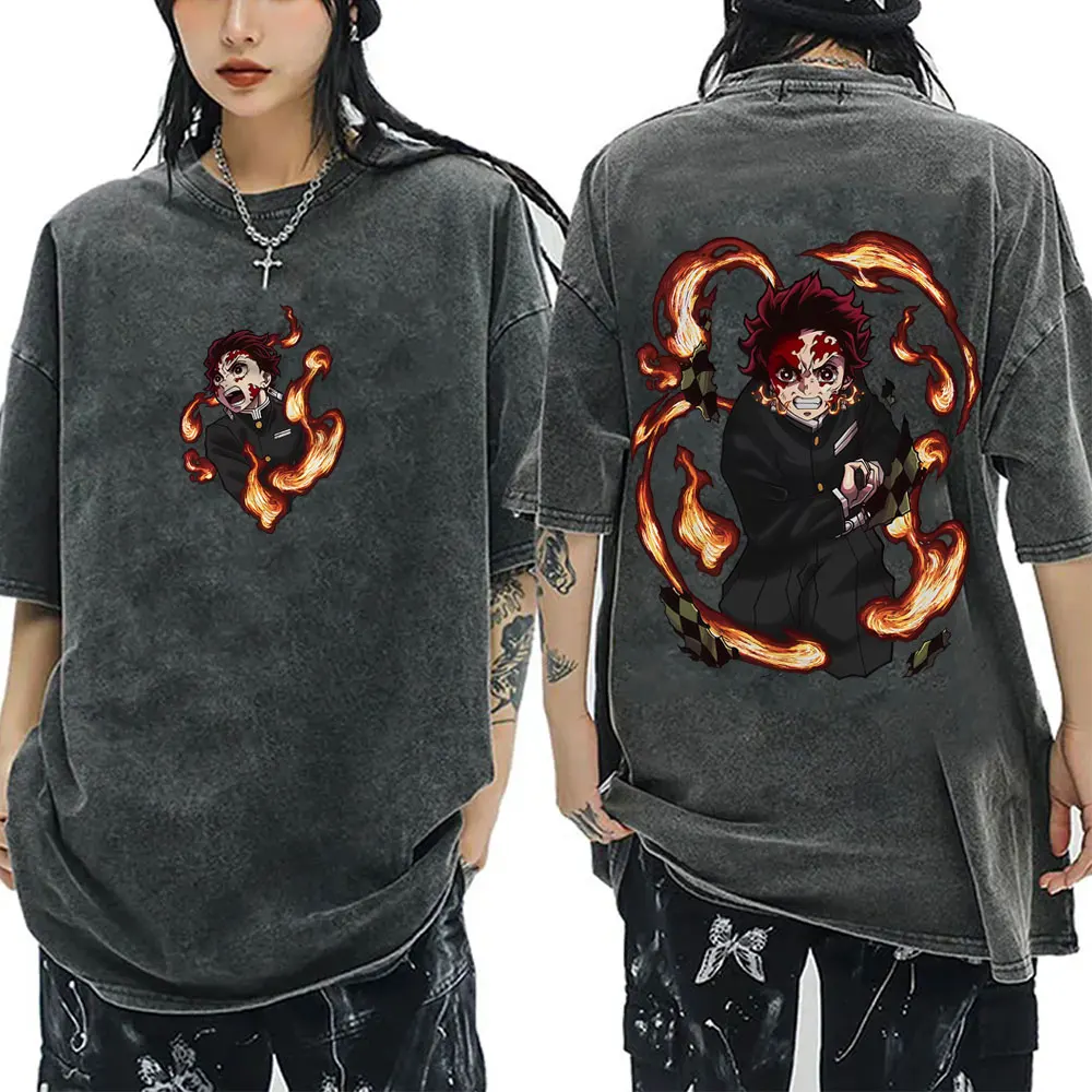 

Vintage Washed Anime Demon Slayer Kamado Tanjirou T-shirt Men Women Fashion Cartoon T-shirts Male Cotton Short Sleeve T Shirts