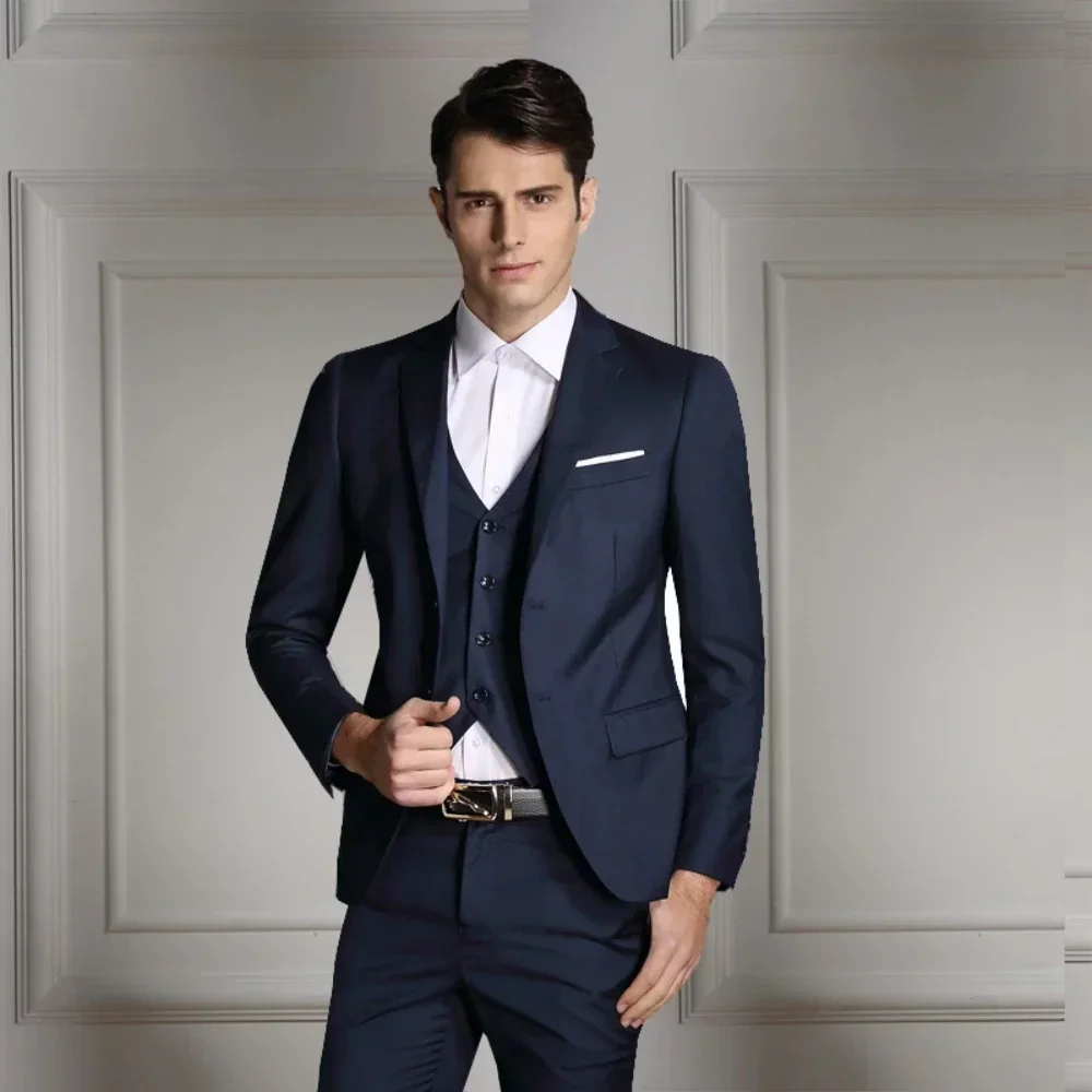 

Men's Navy blue 3-Piece Suit Classic Peak Lapel Business Formal Wedding Groom Slim Fit Elegant Gentleman Style Fashion Blazer