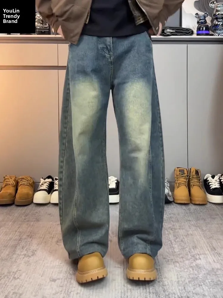 

American Retro Blue Denim Jeans Men's Winter Washed Straight Leg Pants Cleanfit Bell Bottoms Casual Loose Fit Jeans