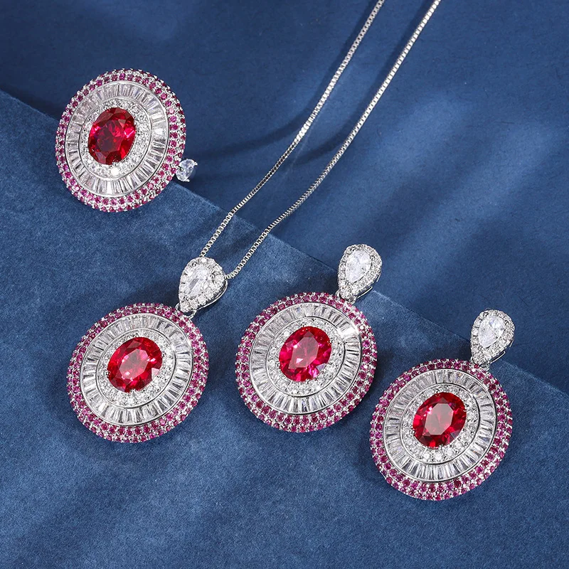 

Jewelry copper gold-plated European and American colored gemstone red corundum sparkling diamond-studded women's pendant set 8*1