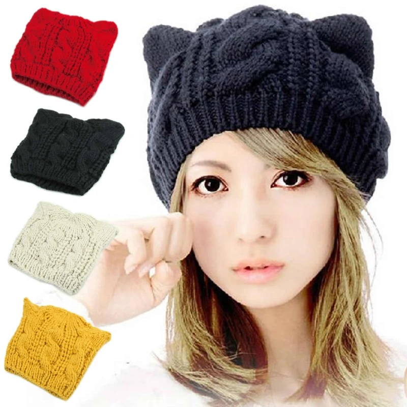 Women Devil Horns for Cat Ear Winter Beanie Crochet Braided Knit Ski Wool Ha