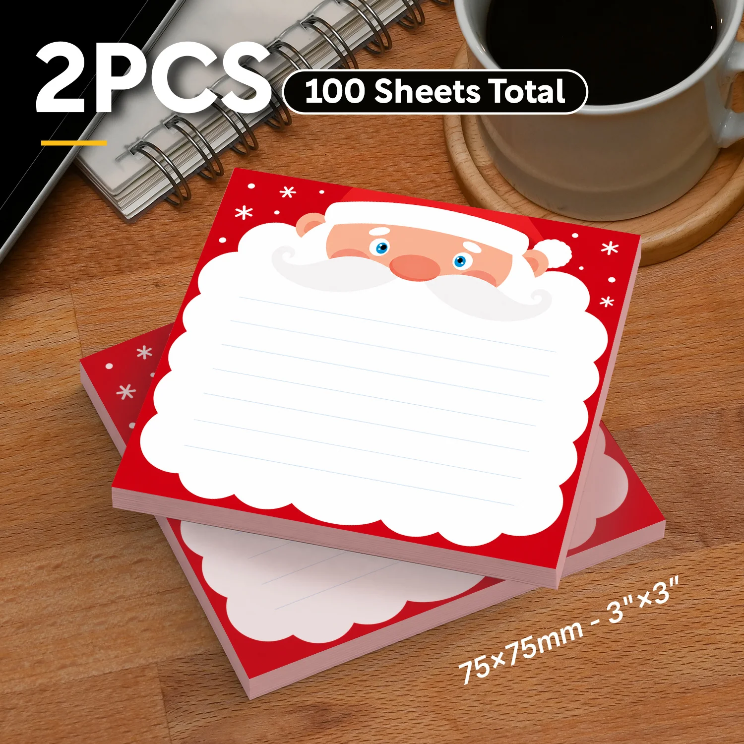 2-Pack Santa Sticky Notes, Cute Holiday Self-Adhesive Notepad, 75x75mm Square, 100 Sheets, Removable for Office Home Daily Use