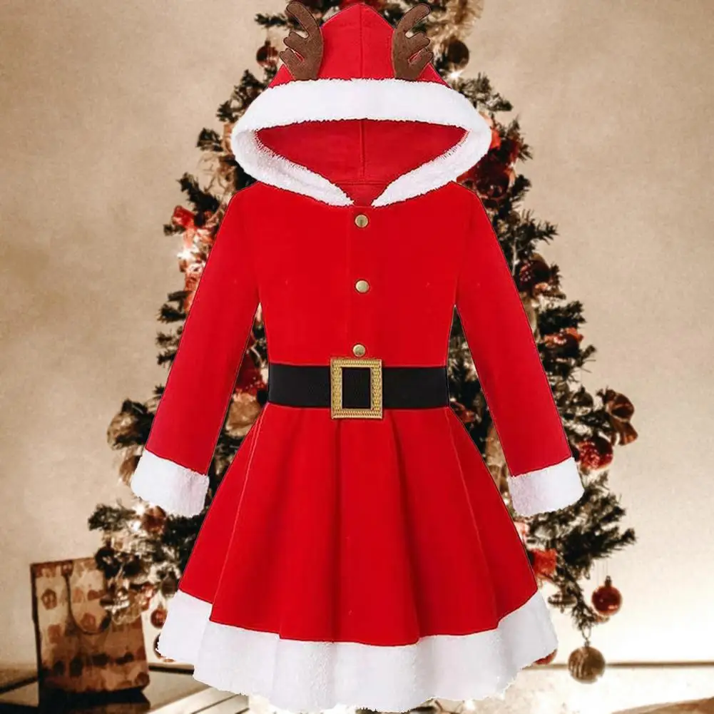 2024 Santa Claus Dress Women Girls Christmas Elk Antlers Hooded Red Dress With Belt Xmas Holiday Cosplay Evening Party Costume