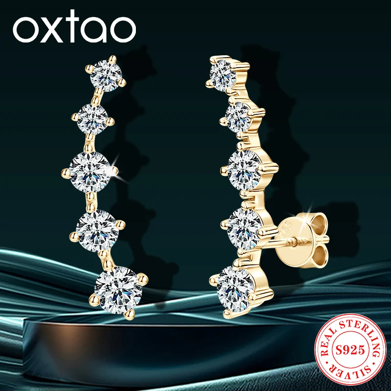 

OXTAO серьги-гвоздики с муассанитом и 5 камнями, женские серьги-гвоздики с градиентным дизайном, сверкающие гусеничные уши, оригинальные ювелирные изделия из серебра 925 пробы для свадебной вечеринки
