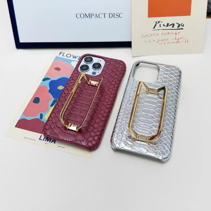 Snake Skin Metal Holder Leather Phone Case For iPhone17 Air 17Pro 16Pro 15Plus 14/13 12 11 Xsmax XR Body Skinny Shell Protection